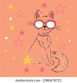 Cat illustration. Girl child tshirt pattern design. T shirt trendy
