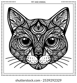 Ilustración de gato. Alto detalle del dibujo de línea. Blanco y negro. Ajuste para colorear libro, cubierta, fondo, elemento, cartel, Anuncio, tatuaje, pintura de pared. Vector Eps 10.