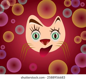 Cat illustration. cat icon. Graphic vector design with open mouth and bubbly background. Cat with blue eyes.