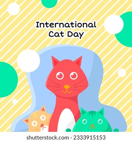 cat illustration for international cat day design template. diagonal stripes pattern. flat, colorful, cheerful, modern concept. used for greeting card, poster, banner