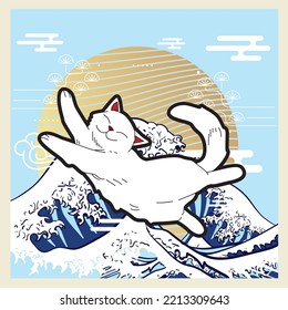 cat illustration with japanese style background