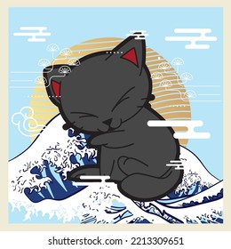 cat illustration with japanese style background