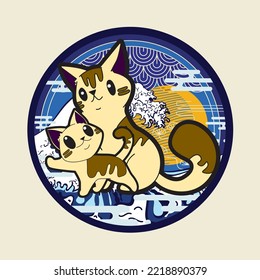cat illustration with japanese style for kaijune event, notebook, logo