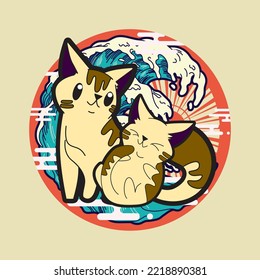 cat illustration with japanese style for kaijune event, notebook, logo