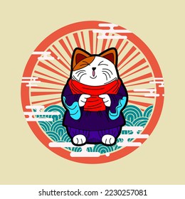 cat illustration with japanese style for kaijune event, notebook, logo