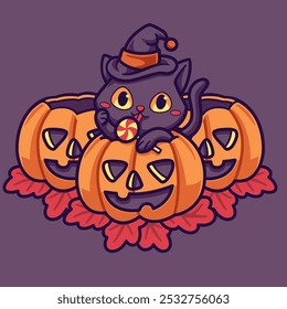 En la ilustración del gato más tarde, un gato en una calabaza está comiendo dulces mientras usa un sombrero de bruja que representa la atmósfera de Halloween. Con otras 2 calabazas como decoración. Adecuado para pegatinas.