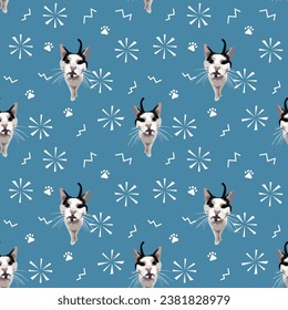 Cat illustration, mixed breed. Merry Christmas seamless pattern with cats, paw icons, swirl, holiday texture. Square format, poster, packaging, textile, wrapping paper. Trendy hand-drawn winter design