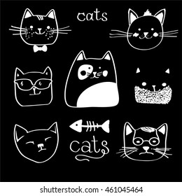 Cat illustration series on black background, cats face
