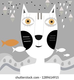 Cat illustration, sitting in the forest