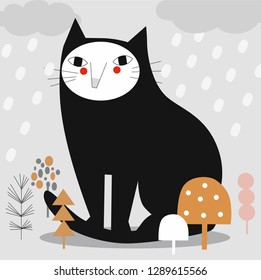 Cat illustration, sitting in the forest