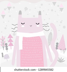Cat illustration, sitting in the forest