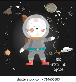 Cat illustration with space elements 