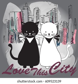 Cat Illustration, Cat vector, hand drawing cats, cat with city silhouette