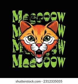 cat illustration vector with meow text background, design for t-shirt, stylish print for streetwear, urban streetwear, isolated on black background