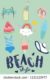 Cat illustration.Cute summer graphic for kids.T-shirt print.