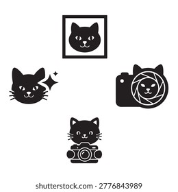 Cat illustrations centered around photography, including cameras, photo frames, and cats posing as photographers. Minimalist and modern design style.