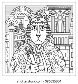 Cat in the image of the king, dressed in medieval costume and mantle. At the head of a cat wearing a crown and holding a scepter in his hand. Coloring book