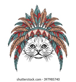 Cat in the Indian roach. Indian feather headdress of eagle. Hand draw vector illustration