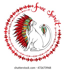 Cat in Indian War bonnet with tribal border. Hand drawn portrait. Native American Indian chief headdress and cute animal. Free spirit freehand lettering. Bohemian round border. Vector illustration.
