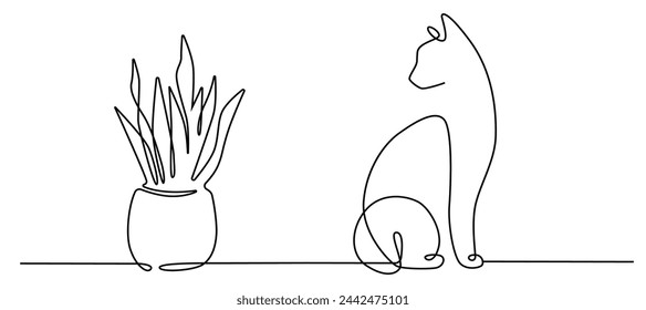 Cat with indoor flower abstract outline vector on white background