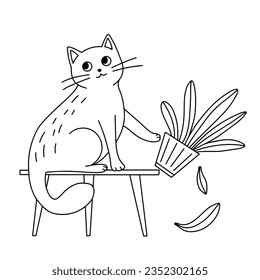 Cat and indoor flower, line drawing. Stylized character for coloring. Vector illustration.
