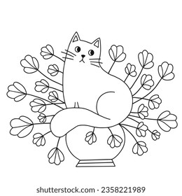 Cat and indoor flower, line drawing. Stylized character for coloring. Vector illustration.
