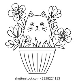 Cat and indoor flower, line drawing. Stylized character for coloring. Vector illustration.