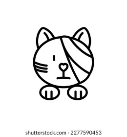 Cat injured, eye bandage. Veterinary clinic. Thin line icon, medical halp for pets. Vector illustration.