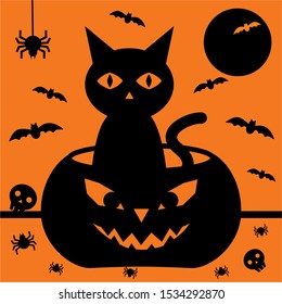 Cat inside jack'o lantern on Halloween night with bats flying and spiders all around