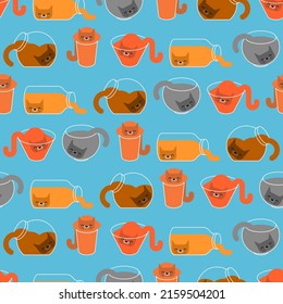 Cat inside jar pattern seamless. kitten inside transparent glass pot background. Baby fabric ornament