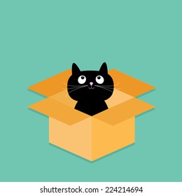 Cat inside opened cardboard package box. Flat design style. Vector illustration