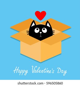 Cat inside opened cardboard package box. Kitten looking up to red heart. Happy Valentines day Flat design style. Kawaii animal. Love Greeting card. Blue background. Vector illustration