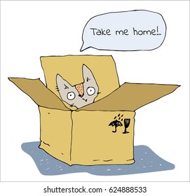  Cat inside opened cardboard package box. Kitten with speech bubble. Help animal. White background Isolated vector illustration  for pet shelter, adoption and social advertising.