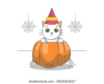 Cat inside pumpkin wearing magic hat, fantasy halloween party animal. Character design. Vector flat illustration