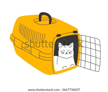 Cat inside transparent plastic pet carrier. Vector illustration for pet travel, pet shop, animal advertising