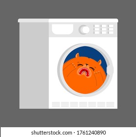 Gato dentro de la lavadora. ilustración de vector de mascota de dibujos animados