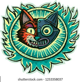 cat with an iron mask in green flame circle