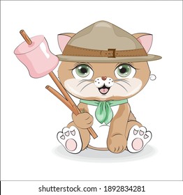 cat iscout with marshmallows on stick, , picture in hand drawing cartoon style, for print design, greeting birthday card, postcard. baby shower. party invitation