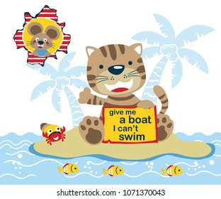 Cat in island ask for help, smiling rat, marine animals