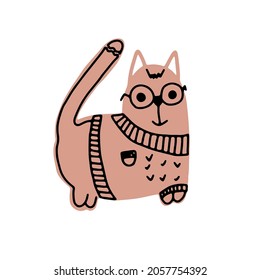 Cat isolated on white background. Cute pink kitten with glasses, vector illustration.