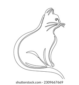 Cat isolated on white background. Line art sitting cat animal, pet. One line continuous vector illustration. 