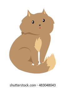 Cat isolated on white. Domestic cat, feral cat, house cat is a small, typically furry, carnivorous mammal. Sticker for children. Fluffy little brown kitten. Vector design illustration in flat style.