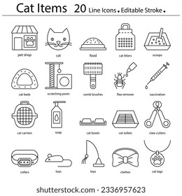 Iconos de línea de artículos de gato símbolos editables de tienda de mascotas de tracción