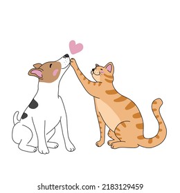 Cat and Jack Russell Terrier dog love each other cartoon vector illustration	