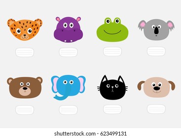 Cat, jaguar, dog, hippopotamus, elephant, bear, frog, koala. Zoo animal head face Text plate Cute cartoon character set. Baby children education. Flat design White background. Isolated Vector
