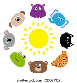 Cat, jaguar, dog, hippopotamus, elephant, bear, frog, koala. Roundelay around sun Zoo animal head face Cute cartoon character set. Baby children education. Flat design White background Isolated Vector