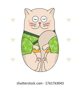 Cat in japanese style. Japanese doll. Cute sketch for sticker, card, packaging, notebook, T-shirt, eco bag. vector illustration.