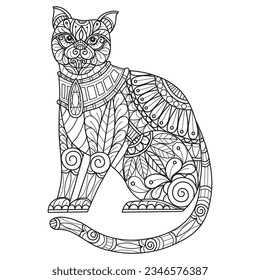 Cat and jewelry hand drawn for adult coloring book