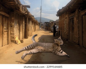 A cat in joyful mode in old market is a beautiful animal photo painting ,great for decoration ,gift card ,travel, book cover ,textile and fabric print and different website and print purpose