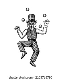 Cat juggler man in a suit and a hat with balls. Fashion animal character. Hand drawn woodcut outline sketch. Vector engraved illustration for logo and tattoo or T-shirts.